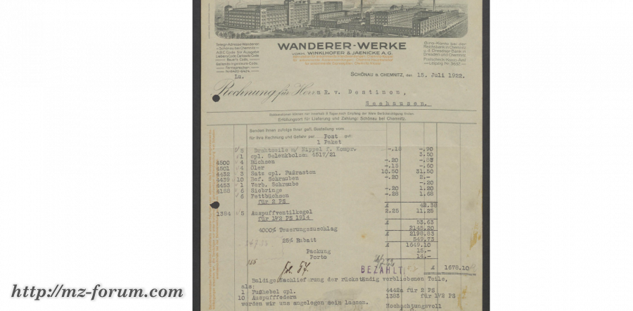 Wanderer Rechnung 15-07-1922